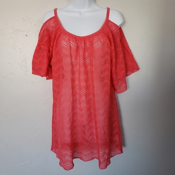 Miken Swim Women's Small Coral Pink Cold Shoulder Lace Swim Cover Up Beach Lake - Picture 1 of 8